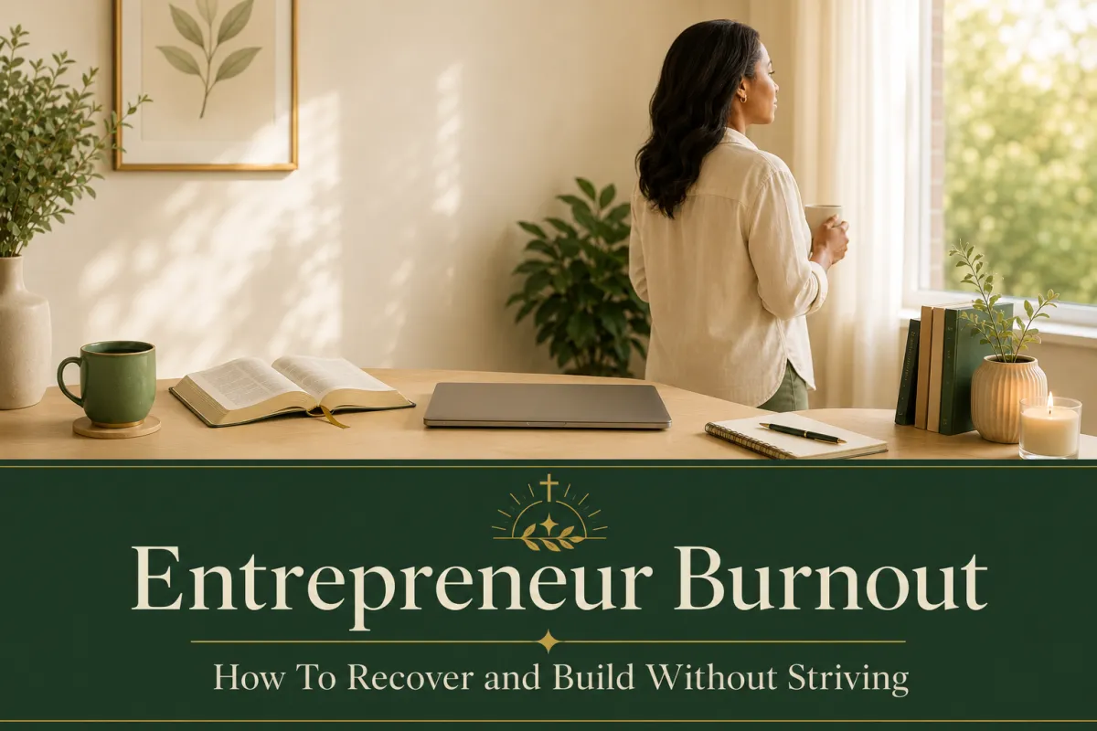 Christian Entrepreneur Burnout featured image: a believer resting from work with a Bible and coffee in forest green and antique gold