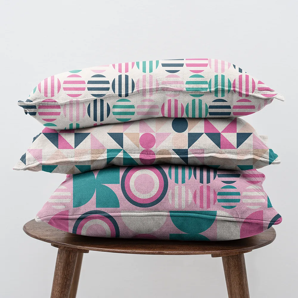 Mockup of patterns from the Symbolic Memories Cherry Blossom Collection by Yvonne Perry Design on cushions