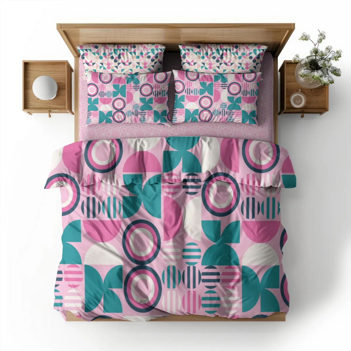 MOck up of patterns from the Symbolic Memories Cherry Blossom Collection by Yvonne Perry on bedding