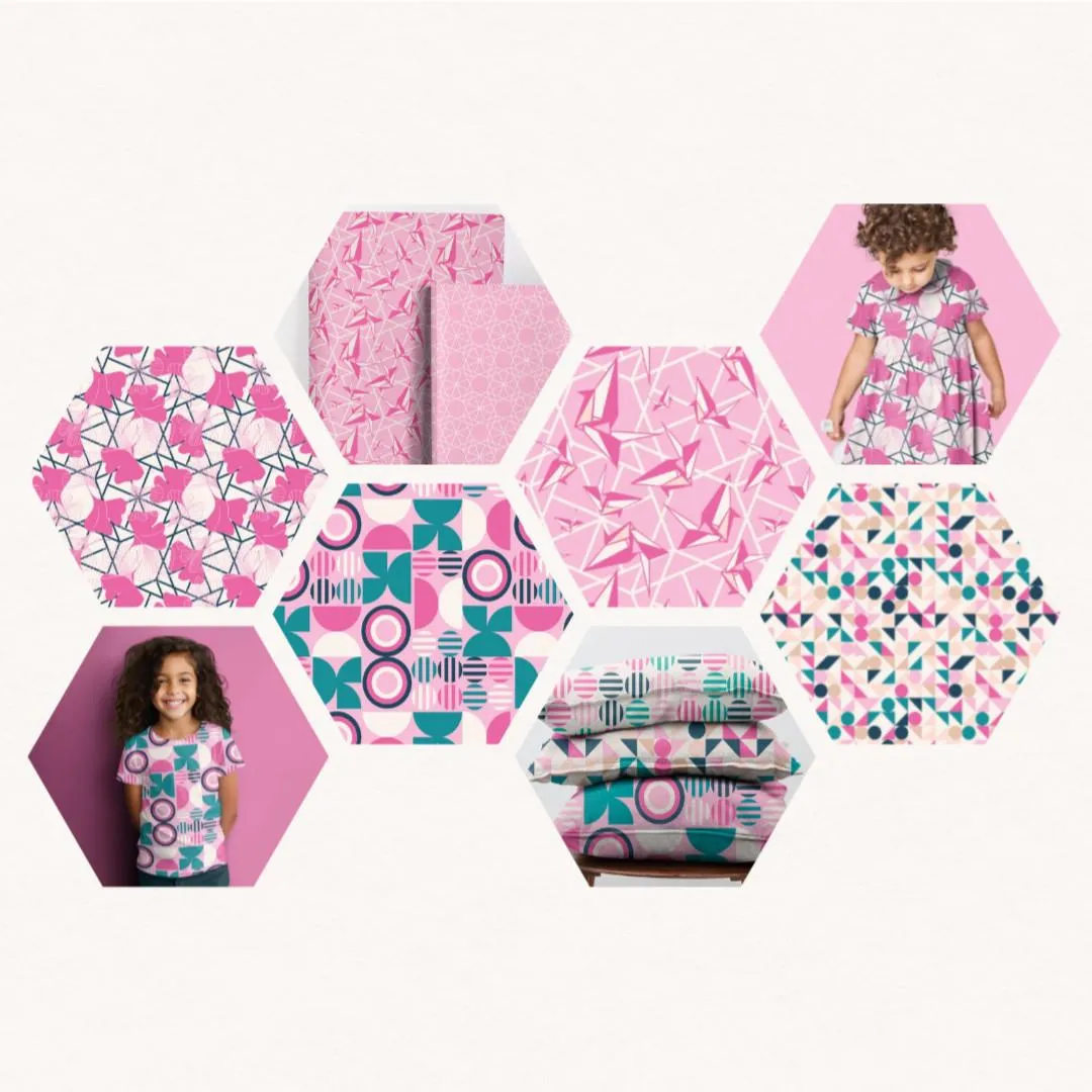 Hexagon compilation of patterns and mockups from the Smbolic Memories Cherry Blossom Collection by Yvonne Perry Design