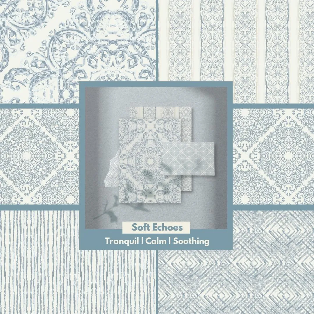 Soft Echoes Collection Cover, five patterns and a mockup. Tranquil, Calm, Soothing