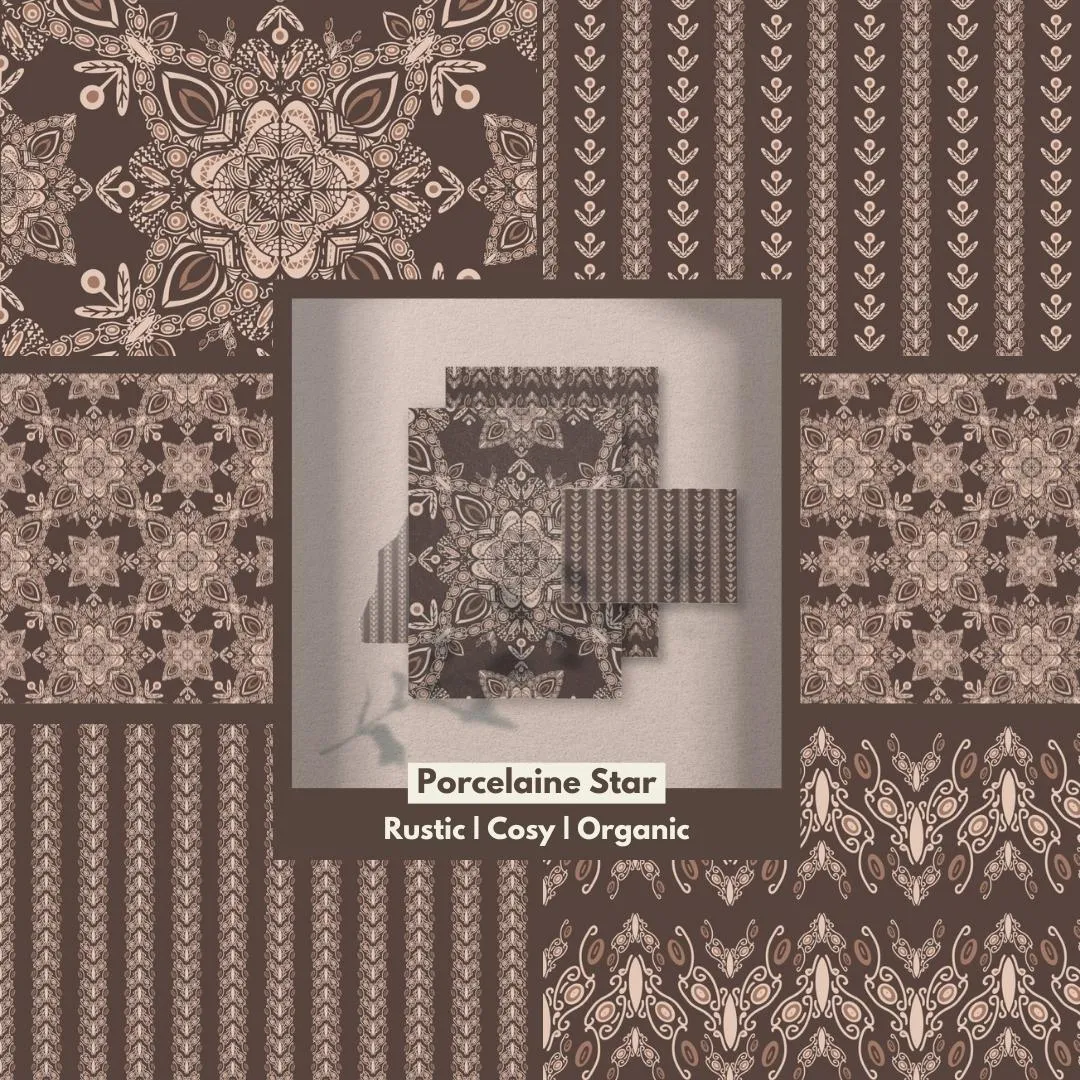 Porcelaine Star Collection Cover, five patterns, one mockup. Rusic, Cosy, Organic.