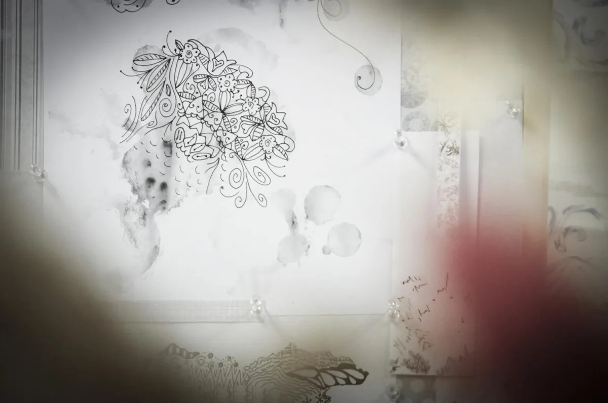 MOck up of patterns from the Symbolic Memories Cherry Blossom Collection by Yvonne Perry on bedding
