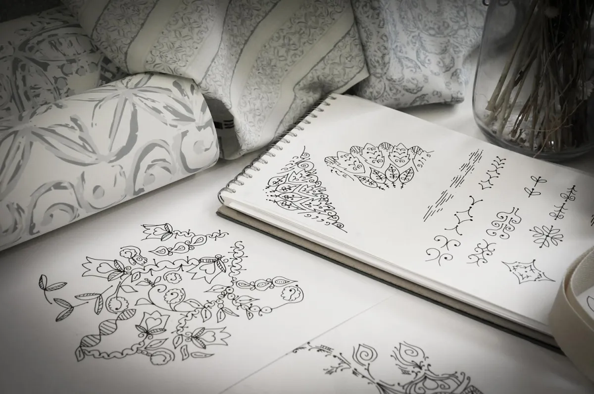 Hexagon compilation of patterns and mockups from the Smbolic Memories Cherry Blossom Collection by Yvonne Perry Design