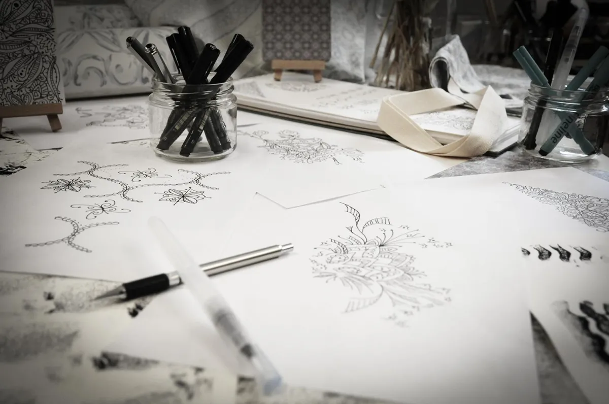 MOck up of patterns from the Symbolic Memories Cherry Blossom Collection by Yvonne Perry on bedding