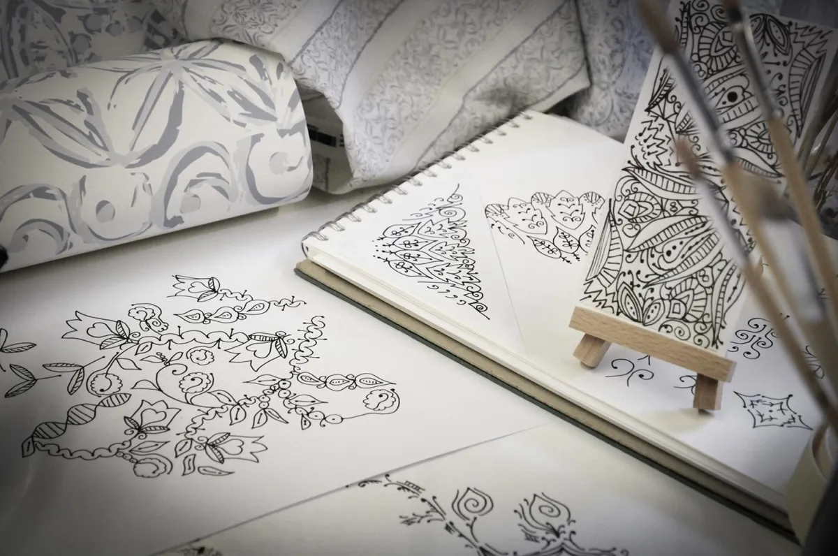 Hexagon compilation of patterns and mockups from the Smbolic Memories Cherry Blossom Collection by Yvonne Perry Design