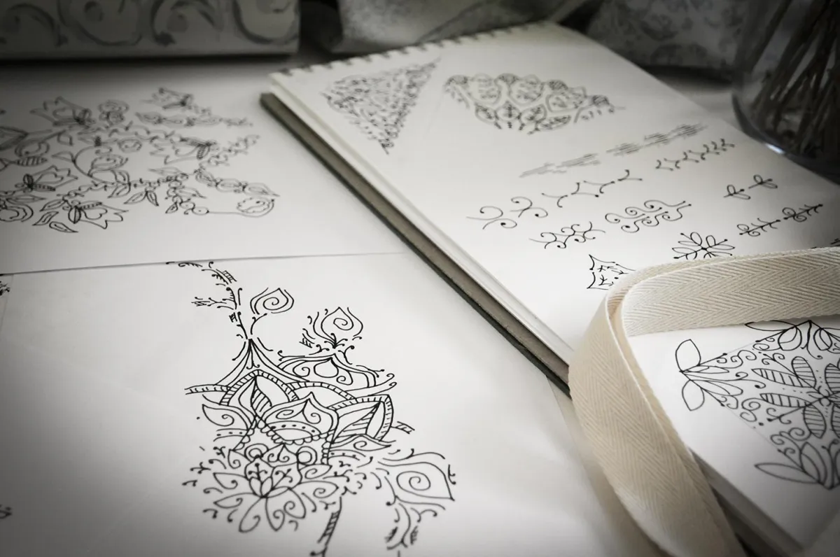 Mockup of patterns from the Symbolic Memories Cherry Blossom Collection by Yvonne Perry Design on cushions