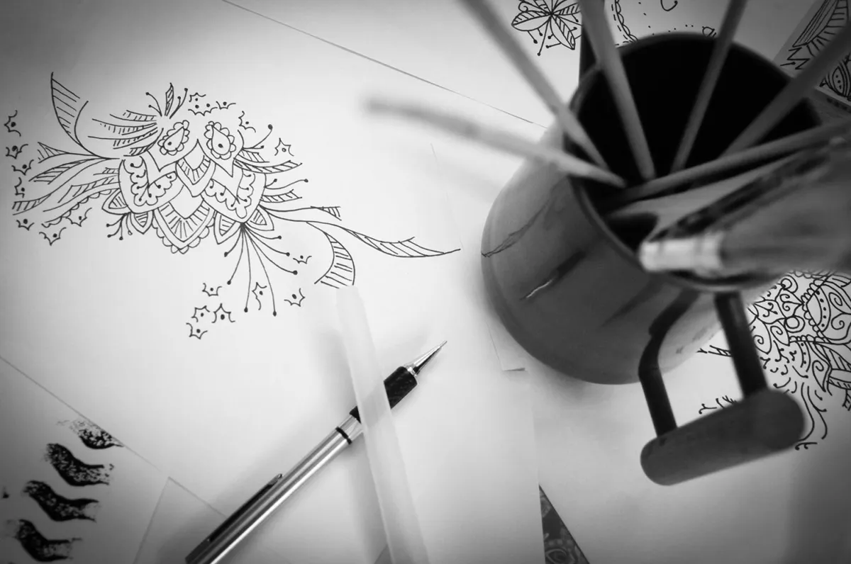 Mockup of patterns from the Symbolic Memories Cherry Blossom Collection by Yvonne Perry Design on cushions