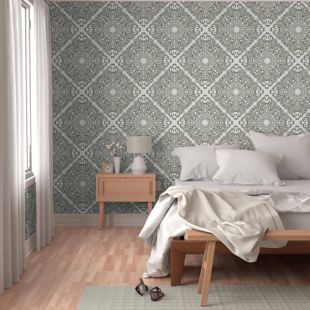 Wallpaper in Soft Echoes Fine Lines Mandala Forest Green Large by Yvonne Perry Design