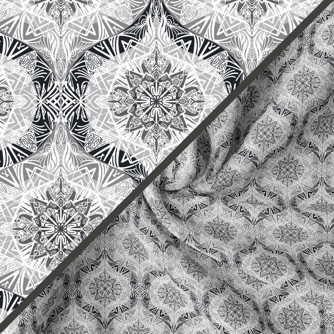 A close up of an intricate seamless mandala pattern, plus a lockup of the same pattern on fabric