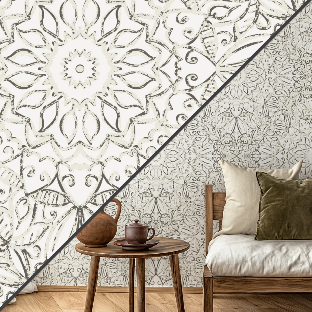 MOck up of patterns from the Symbolic Memories Cherry Blossom Collection by Yvonne Perry on bedding