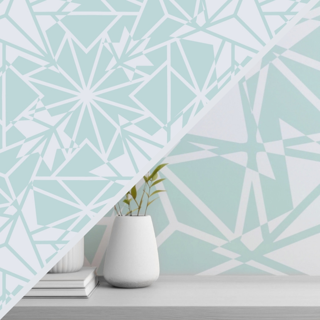 A close up of a bold, minimalist seamless geometric pattern, plus a lockup of the same pattern on wallpaper