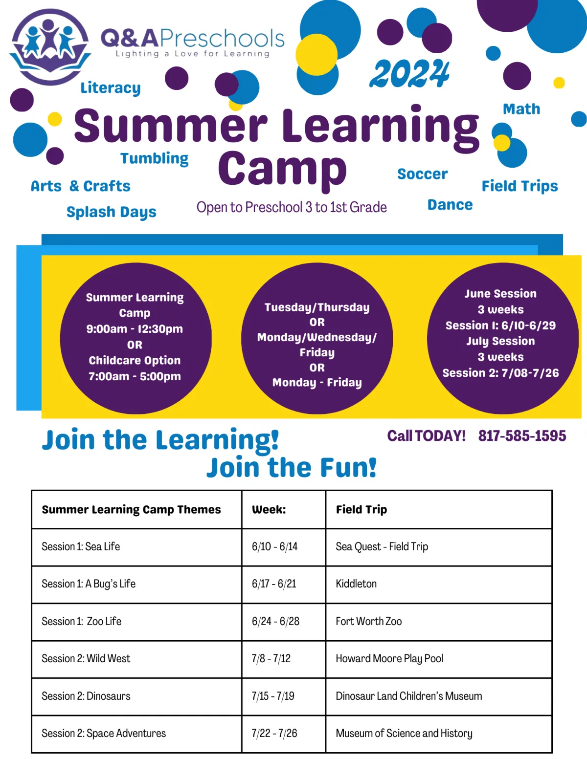 Summer Camp schedule of event and themes