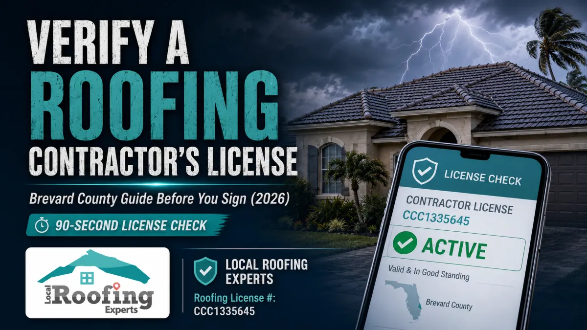 Graphic for Local Roofing Experts showing a stormy Florida home, a phone displaying an active roofing contractor license check, and text reading “Verify a Roofing Contractor’s License” for a Brevard County homeowner guide.