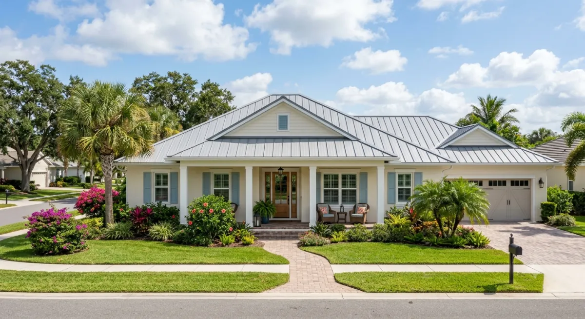 A bright, single-story Florida home with a light gray standing seam metal roof, cream exterior, and light blue shutters, surrounded by lush tropical landscaping and palm trees.