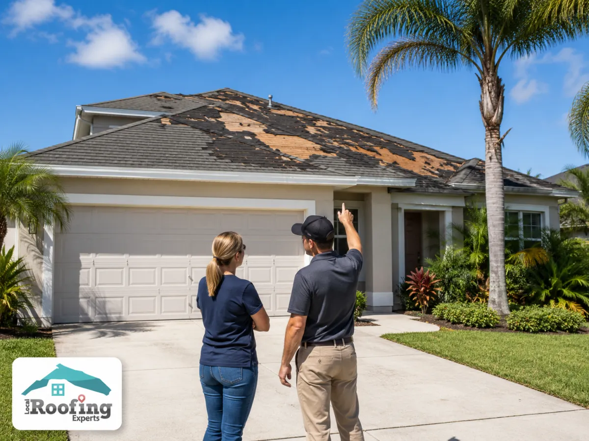 Two people stand in a driveway examining extensive storm damage and missing shingles on a Florida home’s roof.