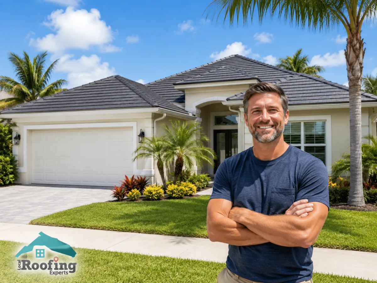 Happy Florida homeowner standing proudly in front of a home with a newly installed roof and tropical landscaping.