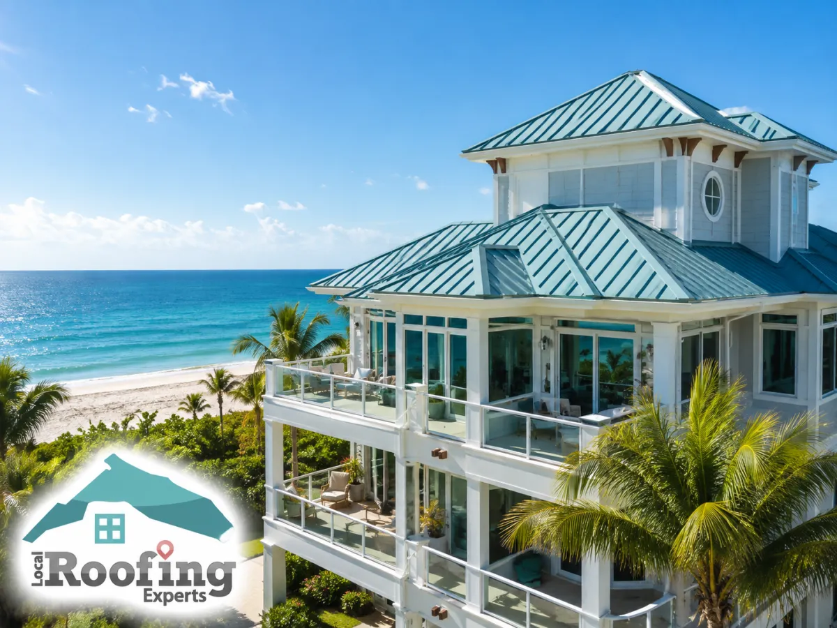 Florida beachfront condo with a bright blue metal roof, ocean views, palm trees, and tropical landscaping.