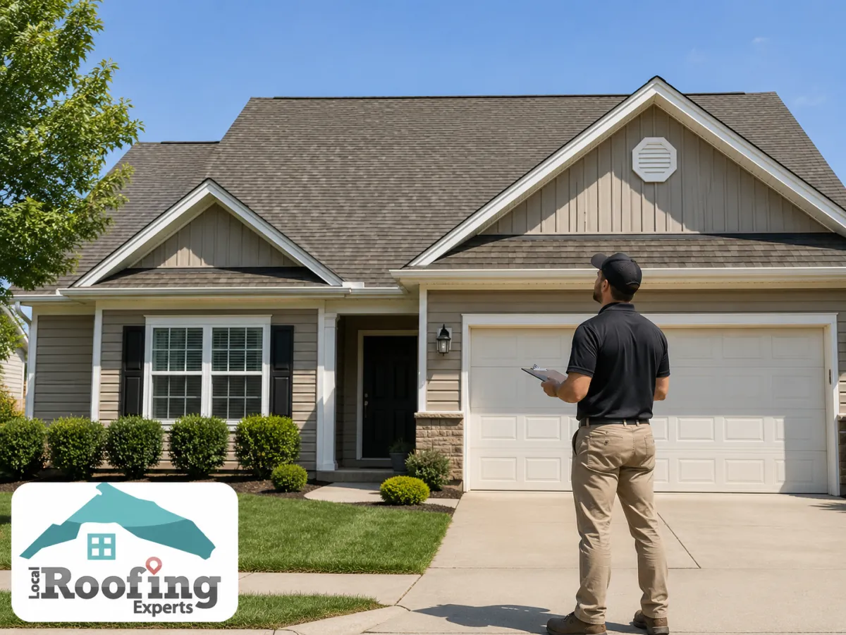 Roofing inspector standing in the driveway of a suburban home while examining the asphalt shingle roof.
