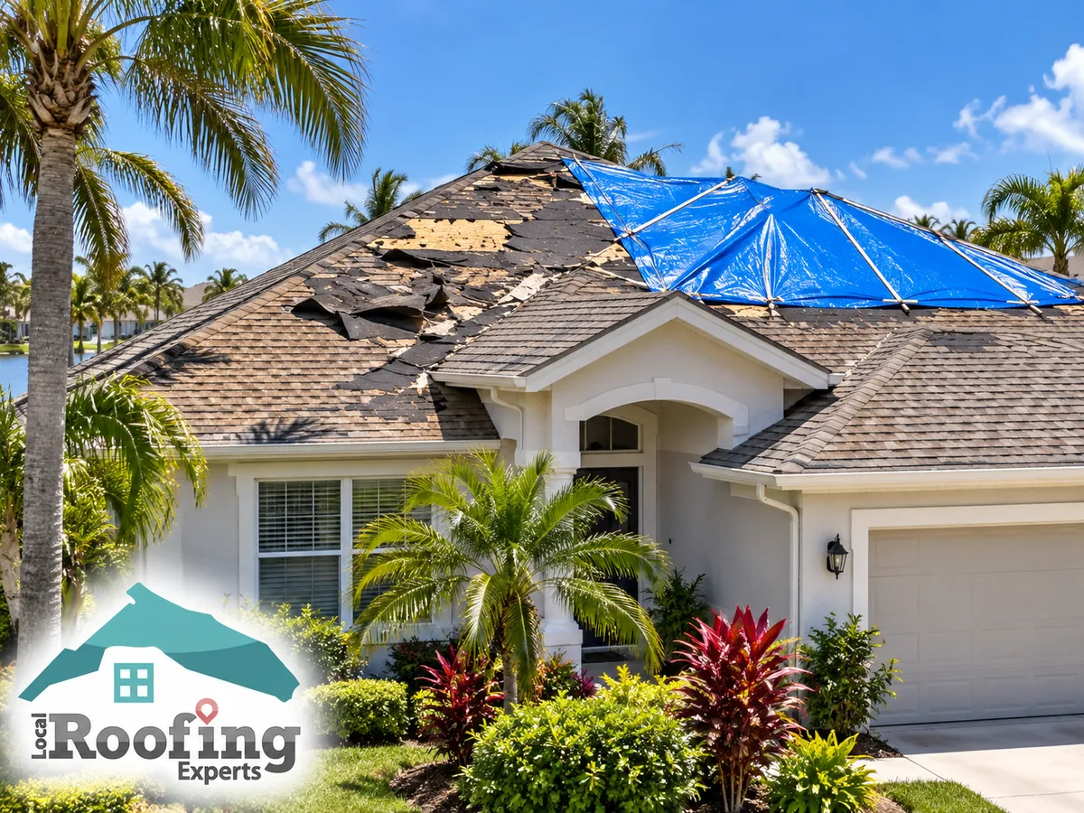 Storm-damaged Florida home with missing shingles and a blue tarp covering part of the roof.