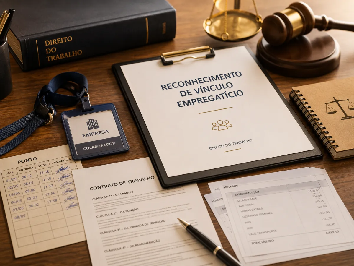 Imagem jurídica sobre reconhecimento de vínculo empregatício, com contrato de trabalho, documentos profissionais, livros de direito trabalhista e balança da justiça.