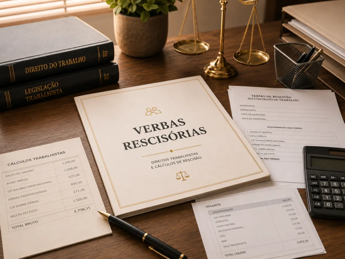 Imagem jurídica sobre verbas rescisórias, com livros de direito trabalhista, balança da justiça, calculadora e documentos de rescisão contratual.
