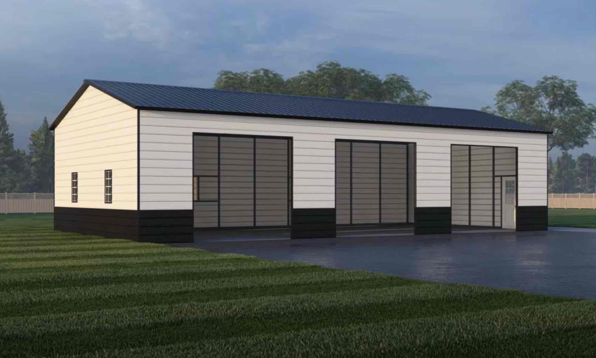 3D rendering of a 30x50x12 metal garage building in Moseley, VA with a 10x30x9 lean-to, door frameouts, windows, and a residential walk door by Premier Grading & Concrete.