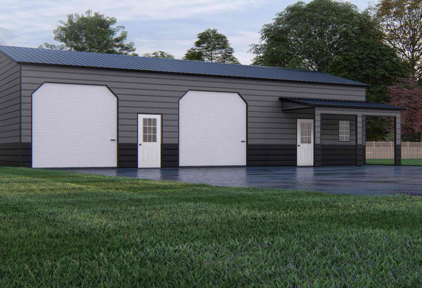 3D rendering of a 30x50x12 metal garage building in Asheboro, NC with an 8x15x8 lean-to, two 10x10 roll-up doors, two 9-lite walk doors, wainscoting, and one window by Premier Grading & Concrete.