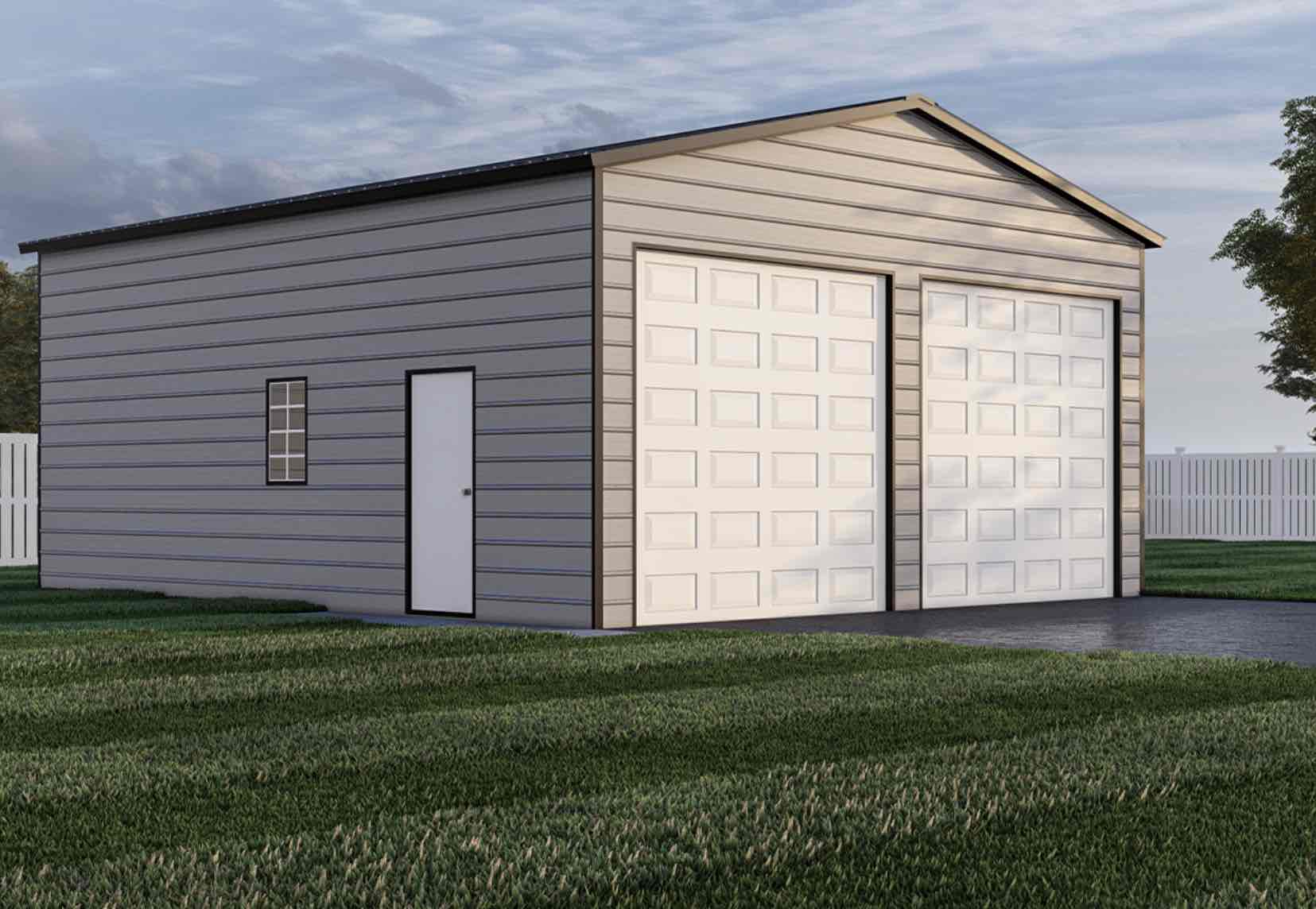 3D rendering of a 24x30x12 metal garage building in Granite Falls, NC with two 10x10 overhead doors, one walk-in door, and one window, planned by Premier Grading & Concrete.