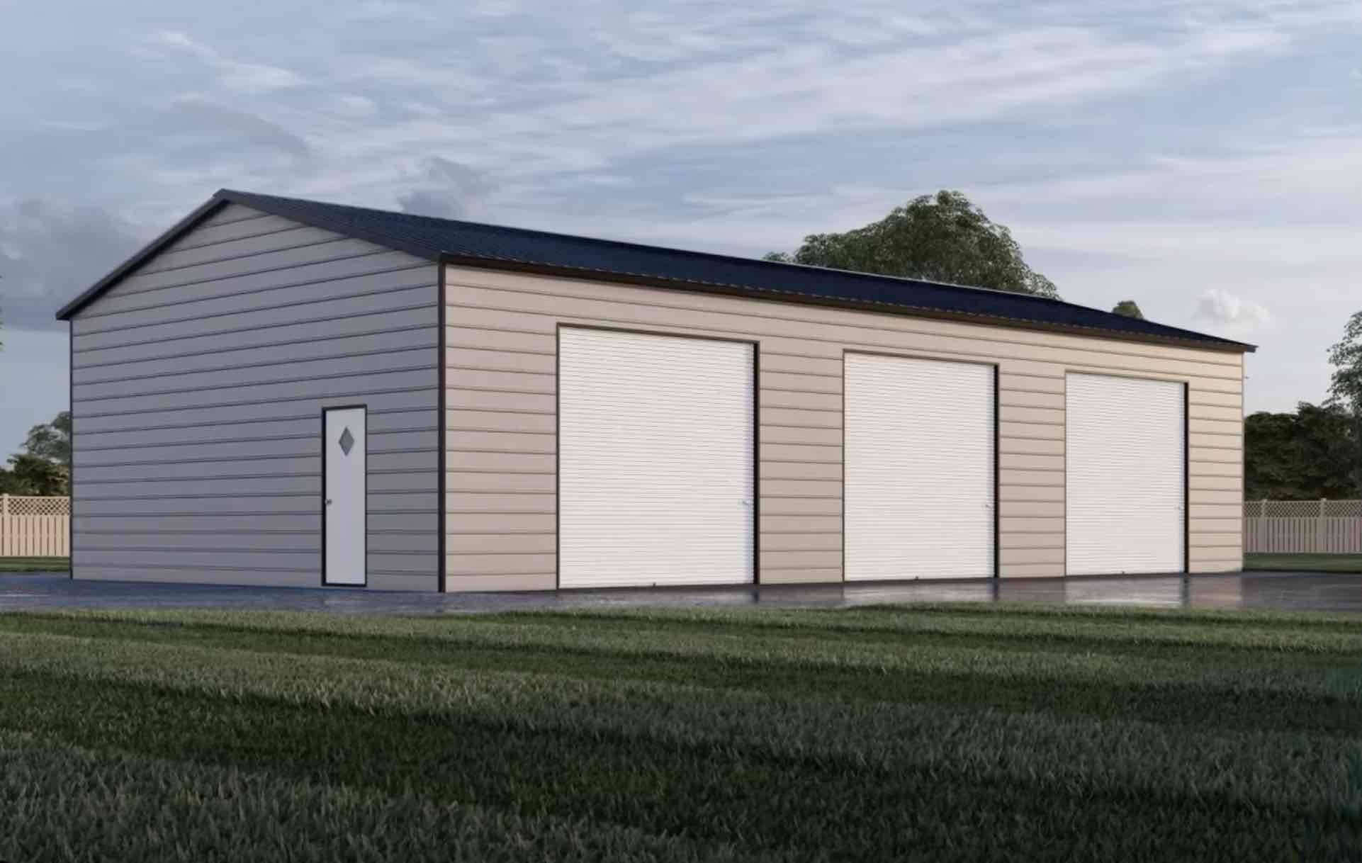 3D rendering of a 30x50x12 metal garage building in Hudson, NC with four 10x10 roll-up doors and a walk-in door, designed by Premier Grading & Concrete.