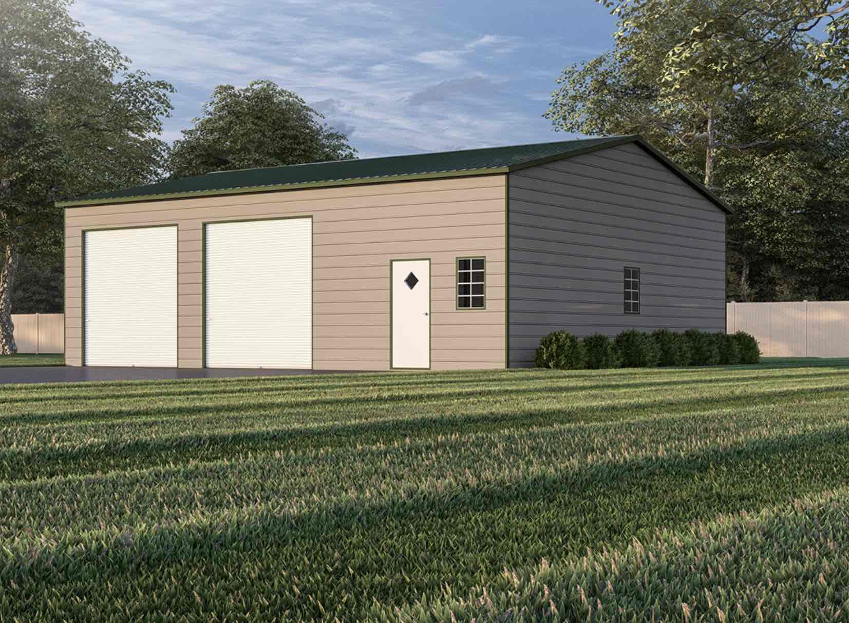 3D rendering of a 30x40x12 metal garage building in Bastian, VA with three 10x10 roll-up doors, a walk-in door, and two windows, planned by Premier Grading & Concrete.