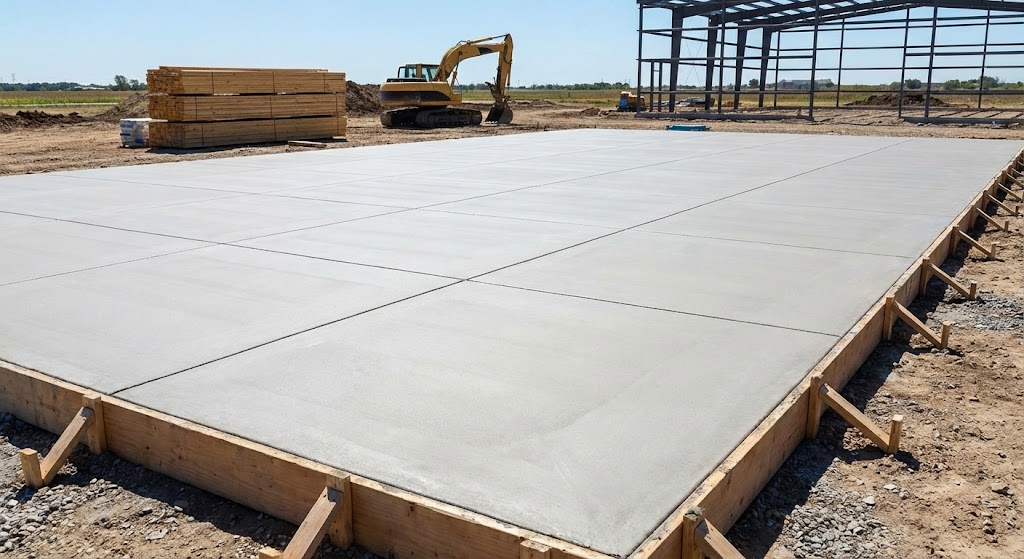 Large concrete slab installation with smooth finish for a building project in North Carolina