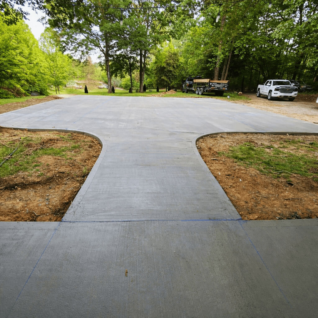 Concrete driveway and walkway installation at a residential property in North Carolina