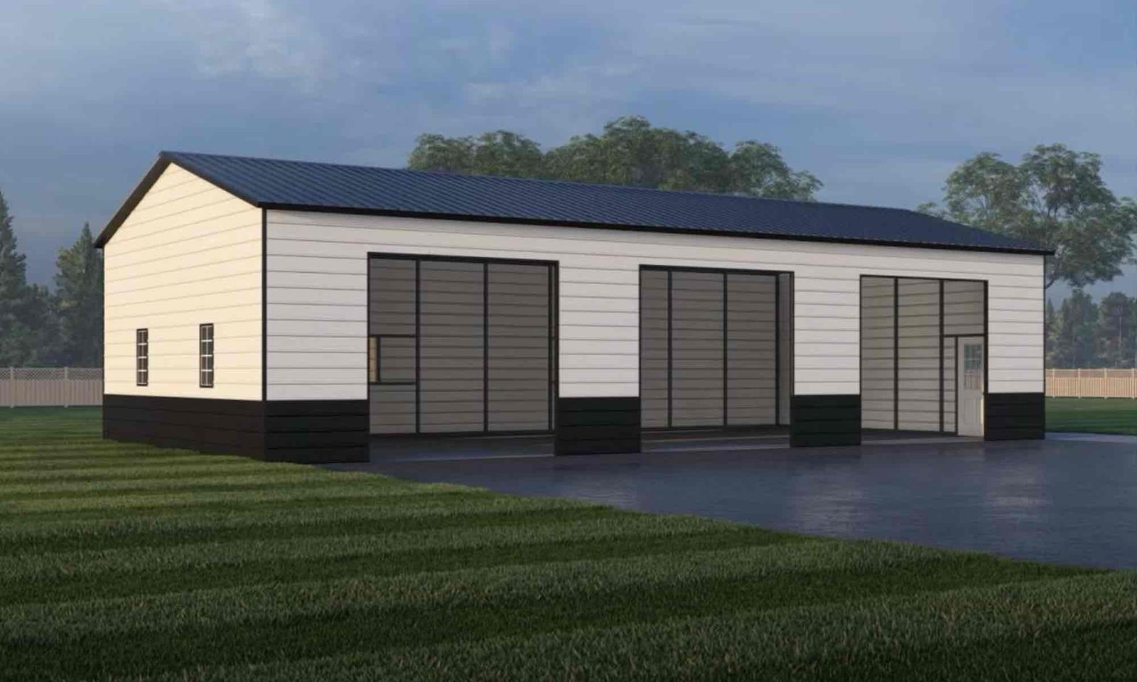 Multi-bay metal building rendering with large open bays, side entry door, and slab foundation