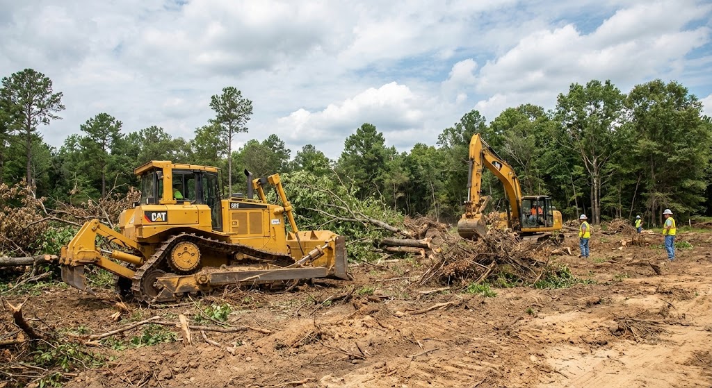 Bulldozer and excavator clearing a wooded lot for site prep and construction