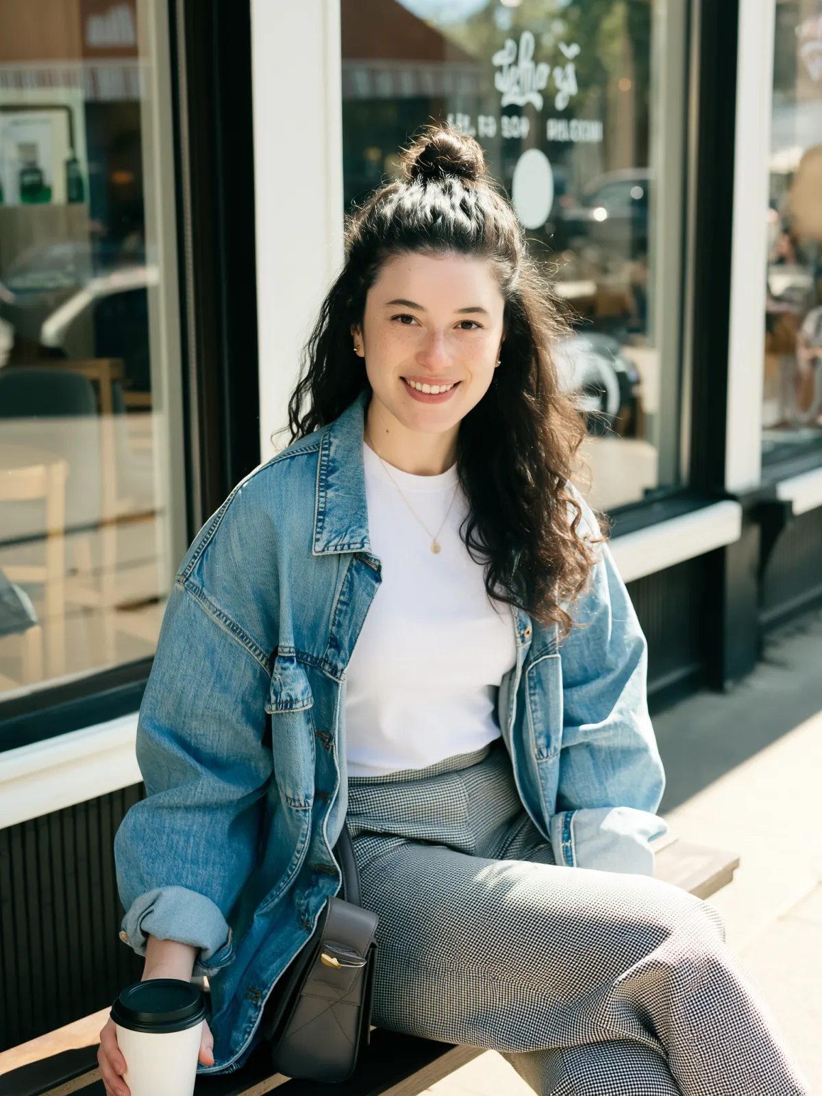 Barbara Guimarães sitting outside a café in a denim jacket, holding a coffee cup and smiling while enjoying a relaxed morning.