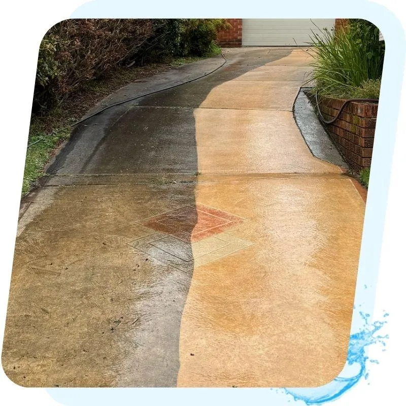 Before and after driveway pressure washing showing stain removal in Morisset NSW