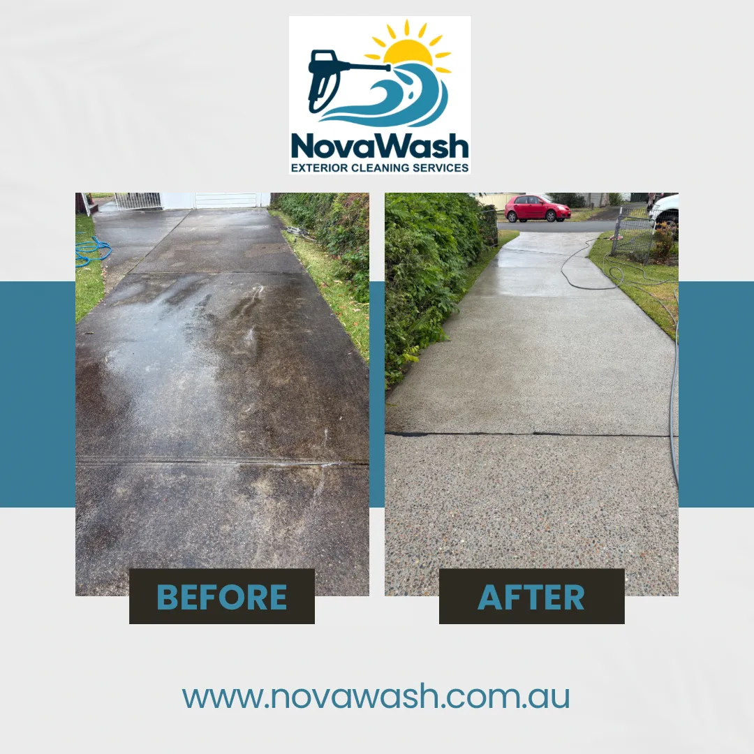 Concrete driveway pressure cleaning results at a property in Cardiff, Lake Macquarie NSW