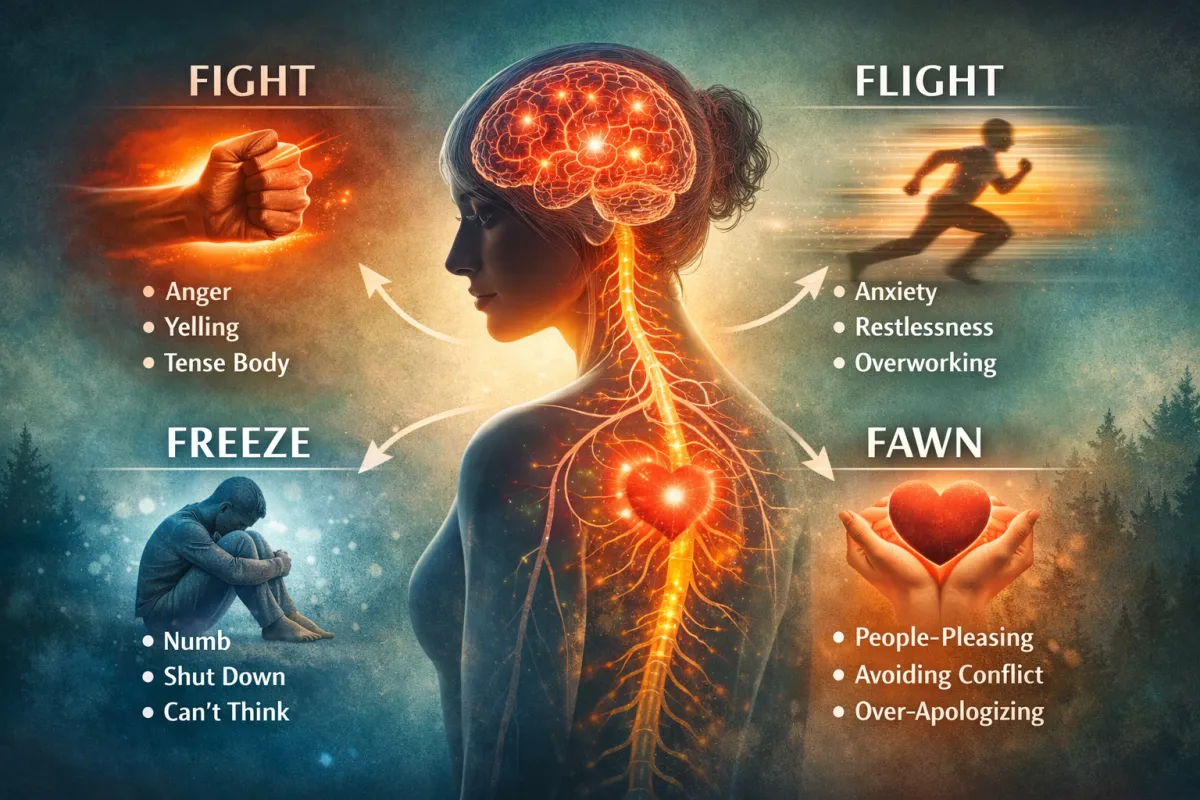 Trauma-informed illustration of brain activation showing emotional responses with red and blue lighting, representing fight, flight, freeze, and fawn survival patterns in the nervous system