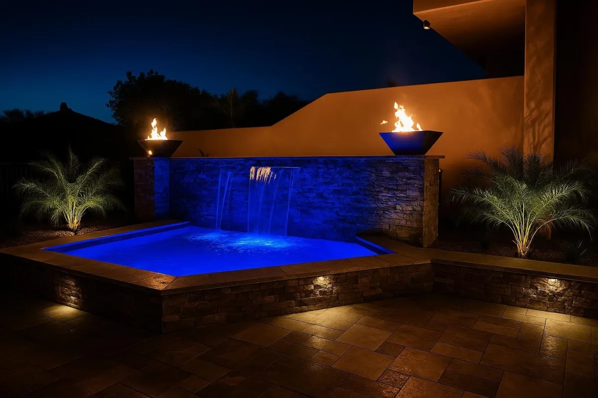 Custom pool construction in Scottsdale, AZ featuring LED-lit water features, fire bowls, travertine decking, and a modern raised wall design—luxury backyard by Hacienda Outdoors.