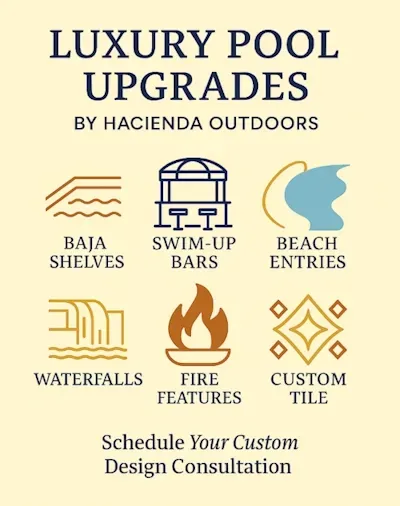 Luxury custom pool upgrades in Scottsdale, AZ featuring stacked stone water wall, LED lighting, fire bowl accents, and travertine tile—premium outdoor design by Hacienda Outdoors.