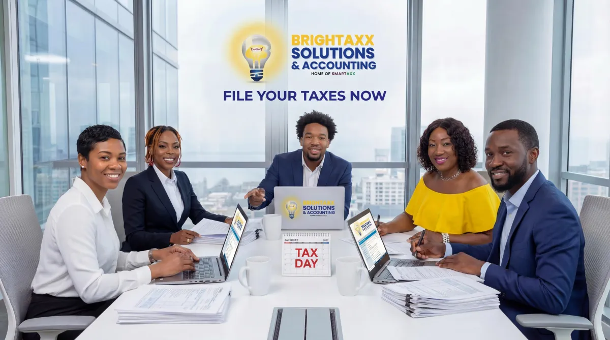 Tax specialist reviewing documents with a client in a clean, modern office