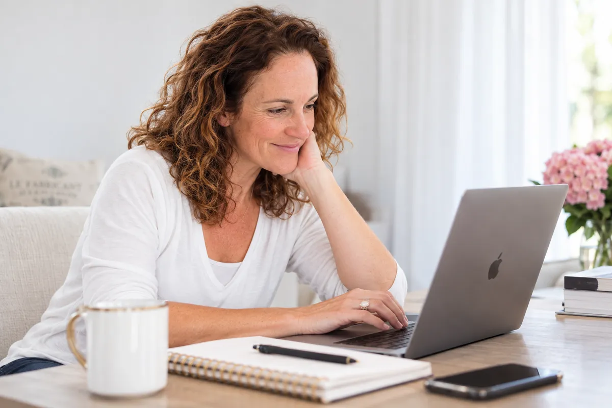 Christine Burke, founder of The Midlife CEO, working at her laptop