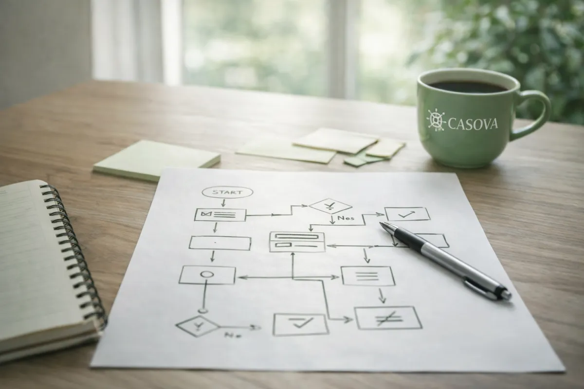 Handritat beslutsflöde på papper på ett träskrivbord med penna och grön Casova-mugg i naturligt ljus.