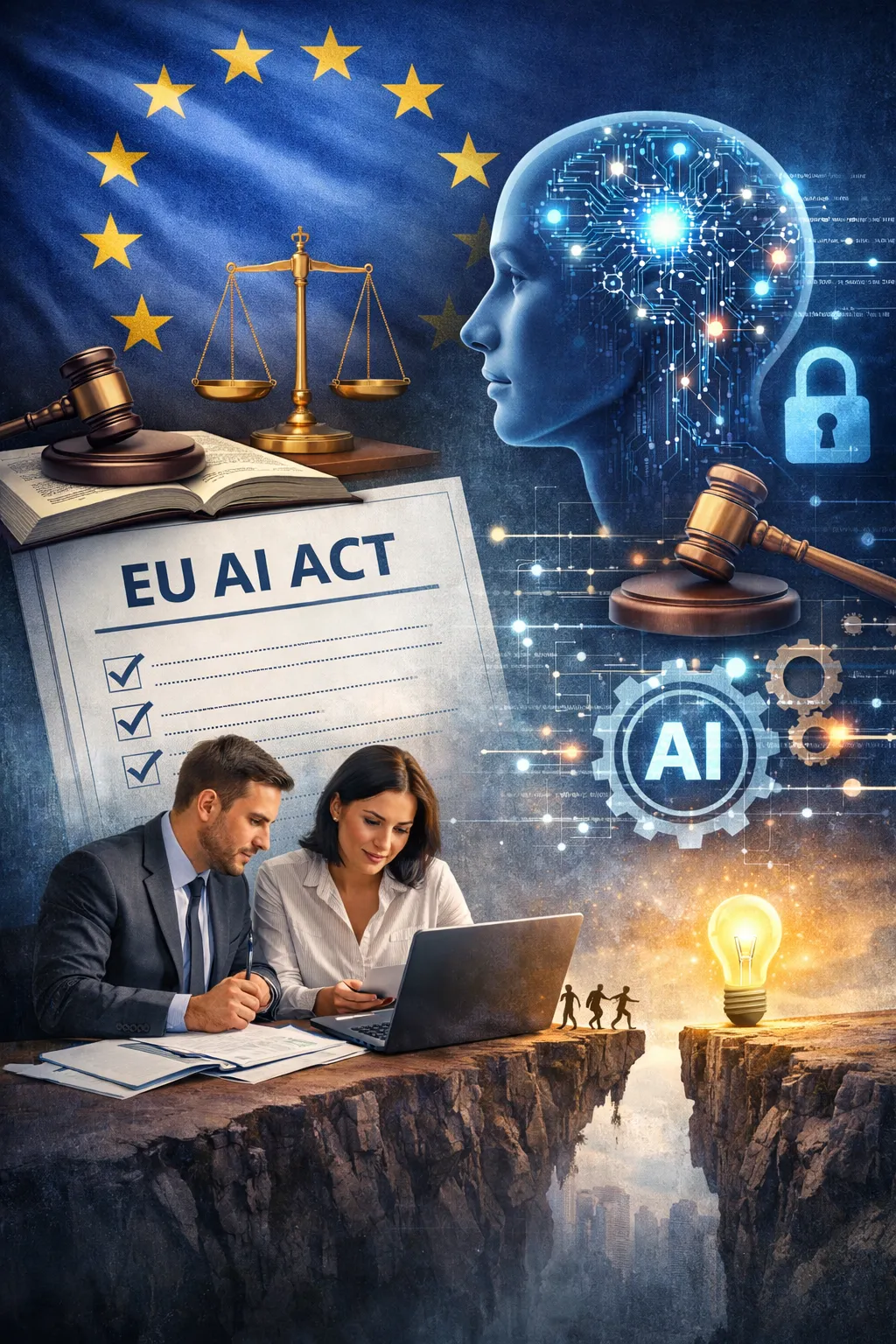 Illustration av EU AI Act med EU-flagga, juridiska symboler och artificiell intelligens, där företag arbetar med AI samtidigt som de balanserar mellan innovation och lagkrav.
