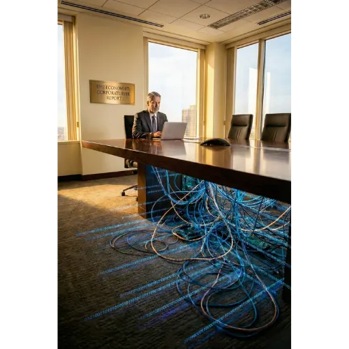 Worried executive reviewing AI risk dashboards on a laptop