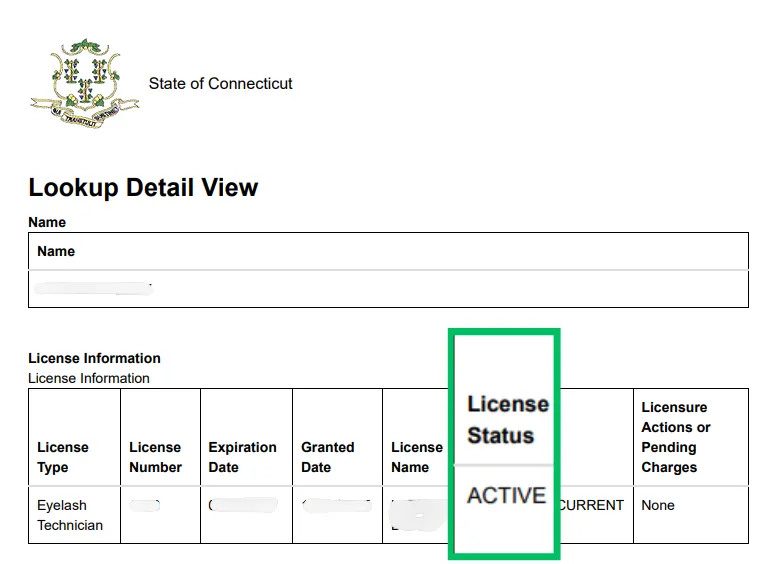 Connecticut eyelash extension specialty license approval status active