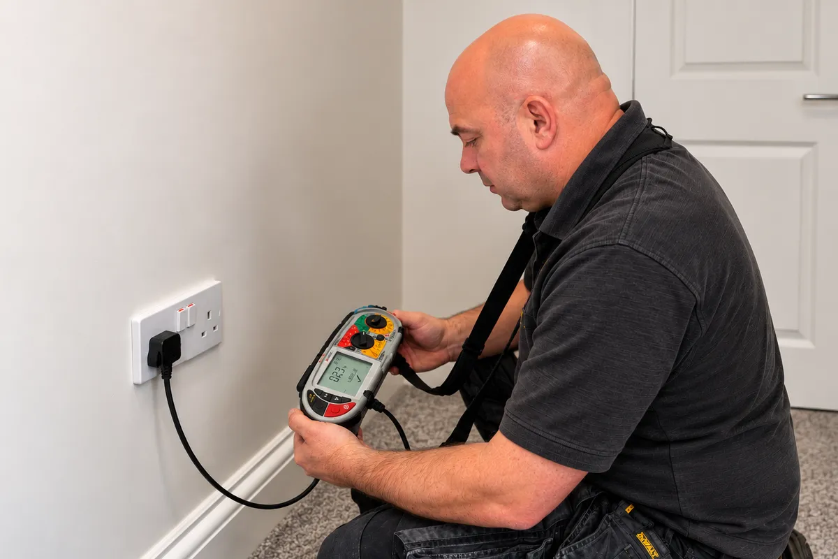 Gary from Electro Virium Ltd carrying out electrical safety testing on a domestic socket using professional test equipment