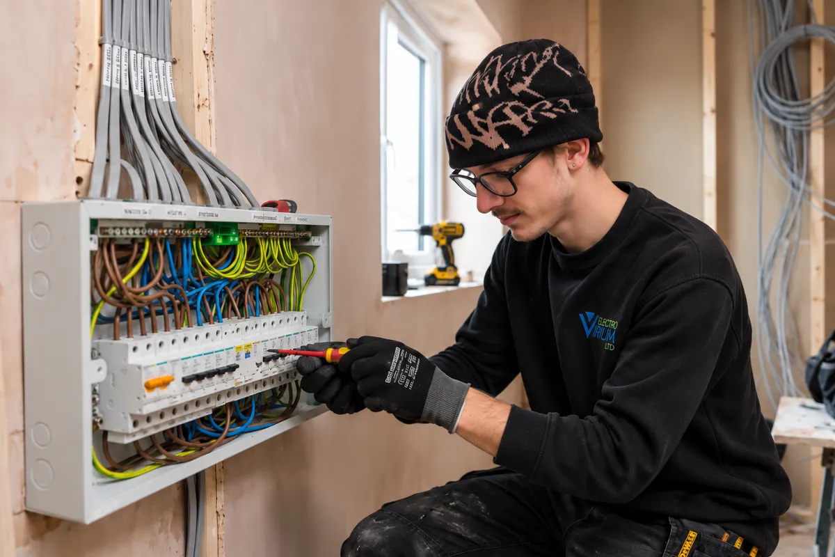 Max from Electro Virium Ltd working on a domestic consumer unit during a property rewiring project