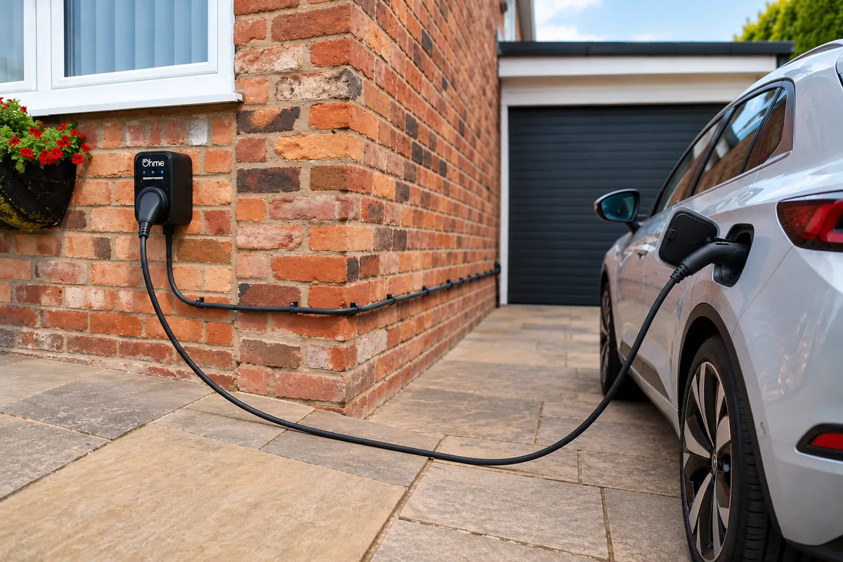 Home electric vehicle charging point mounted on an exterior brick wall with charging cable connected to a car illustrating Electro Vrium Ltd's EV charger installation services